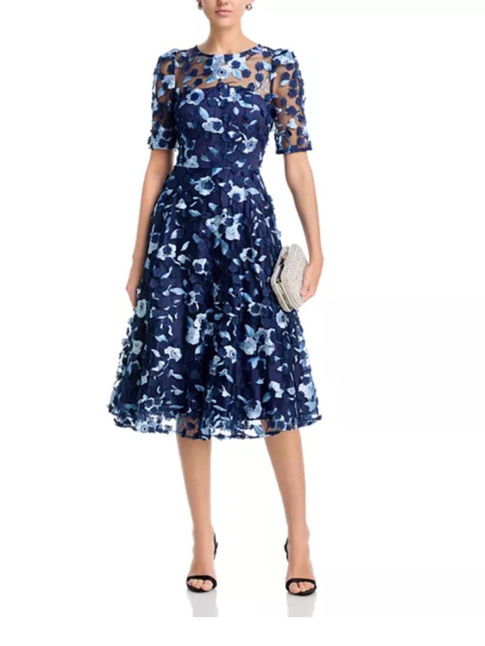 Eliza J Blue Floral Applique 3D Cocktail Midi Dress 3/4 Sleeve Sheer in Size 6